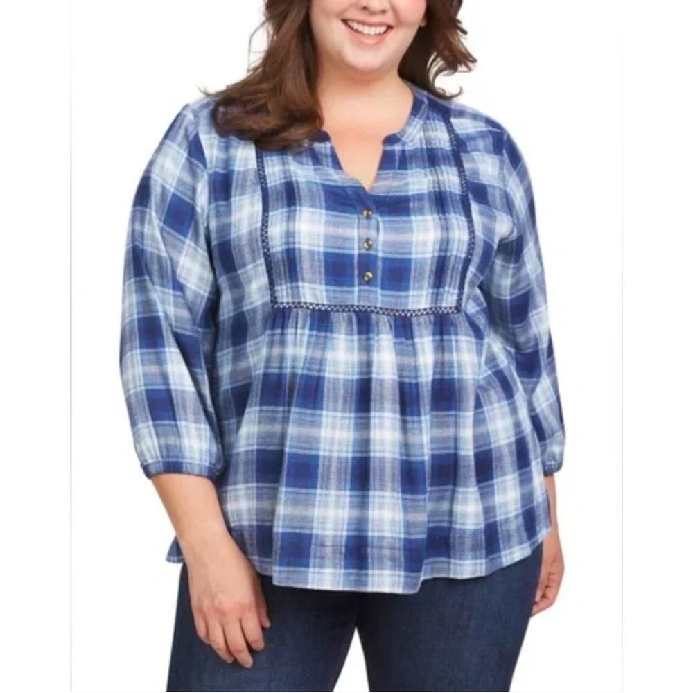 NWT Wrangler Blue Plaid Tunic Blouse, size XL